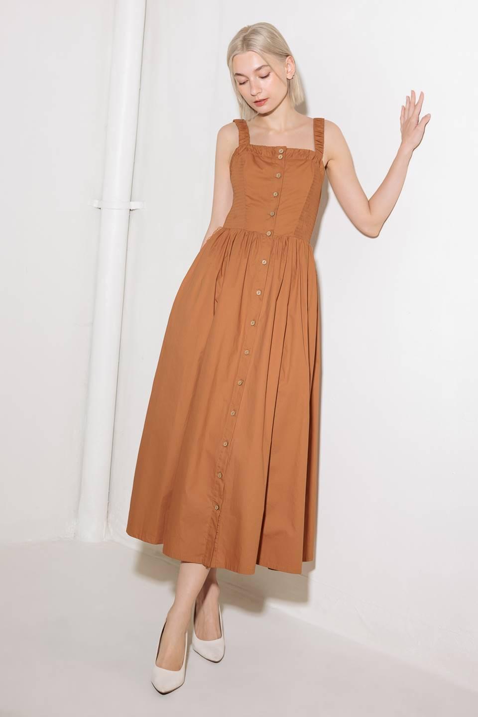 Soak in the Sunset Woven Midi Dress in brown, view 2 — Soul Flow Apparel