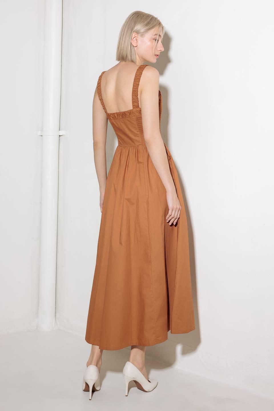 Soak in the Sunset Woven Midi Dress in brown, view 3 — Soul Flow Apparel
