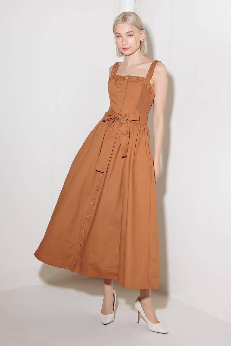 Soak in the Sunset Woven Midi Dress in brown, view 4 — Soul Flow Apparel