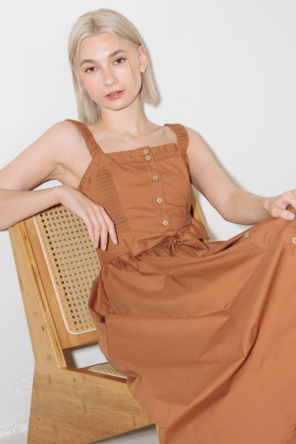 Soak in the Sunset Woven Midi Dress in brown, view 7 — Soul Flow Apparel