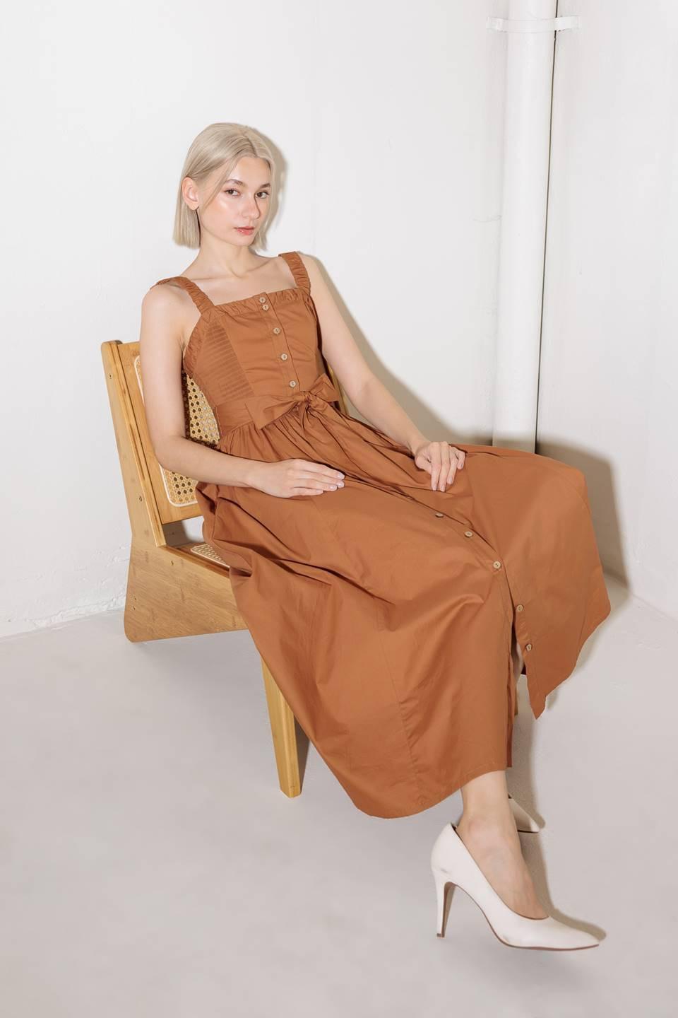 Soak in the Sunset Woven Midi Dress in brown, view 8 — Soul Flow Apparel