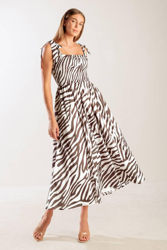Dancing with the Woven Midi Dress in white brown, view 2 — Soul Flow Apparel