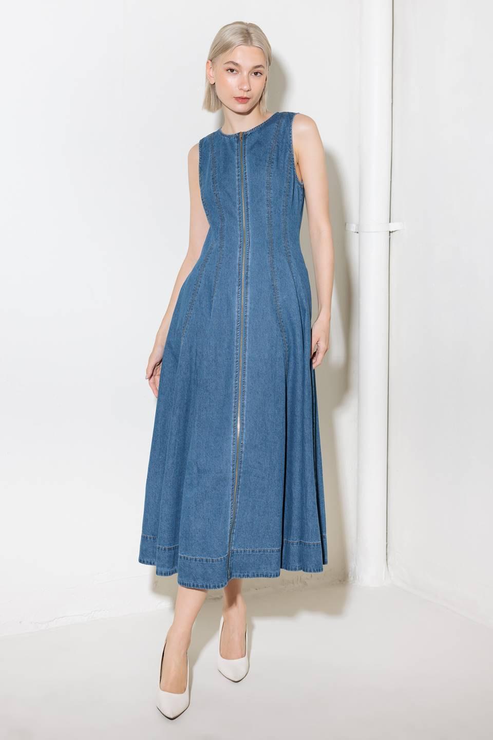 Irresistibly Poised Denim Midi Dress in medium indigo, view 1 — Soul Flow Apparel