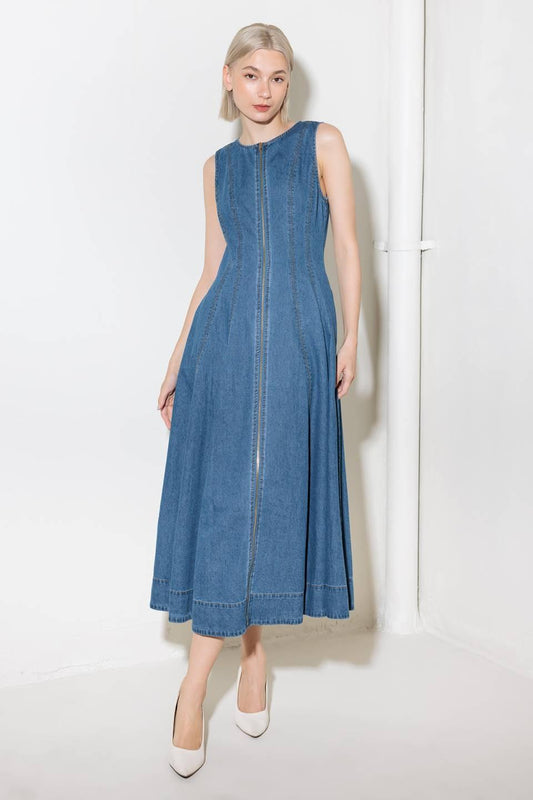Irresistibly Poised Denim Midi Dress in medium indigo, view 1 — Soul Flow Apparel