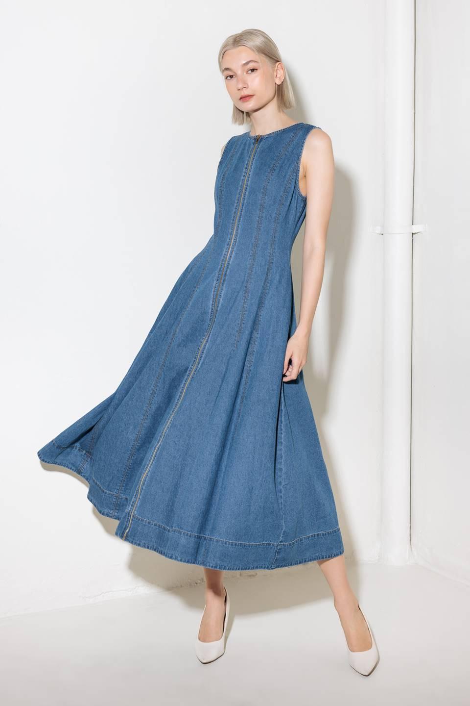 Irresistibly Poised Denim Midi Dress in medium indigo, view 2 — Soul Flow Apparel