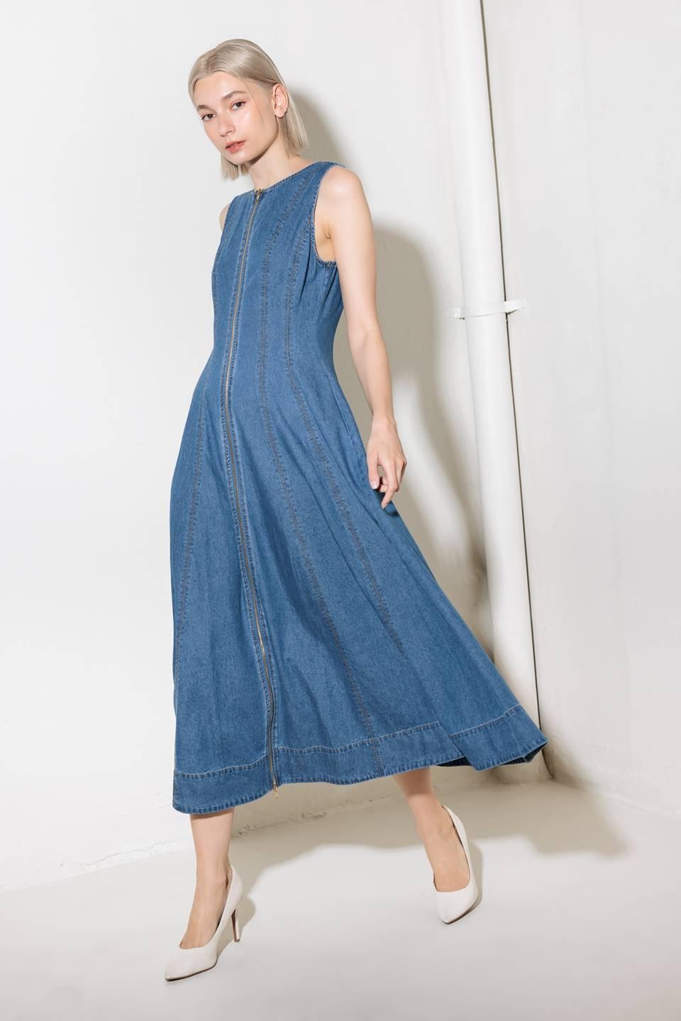Irresistibly Poised Denim Midi Dress in medium indigo, view 3 — Soul Flow Apparel