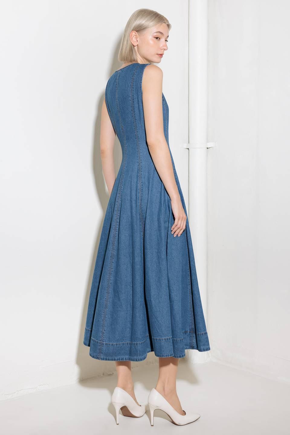 Irresistibly Poised Denim Midi Dress in medium indigo, view 5 — Soul Flow Apparel