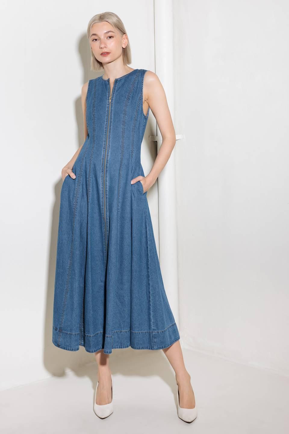 Irresistibly Poised Denim Midi Dress in medium indigo, view 6 — Soul Flow Apparel