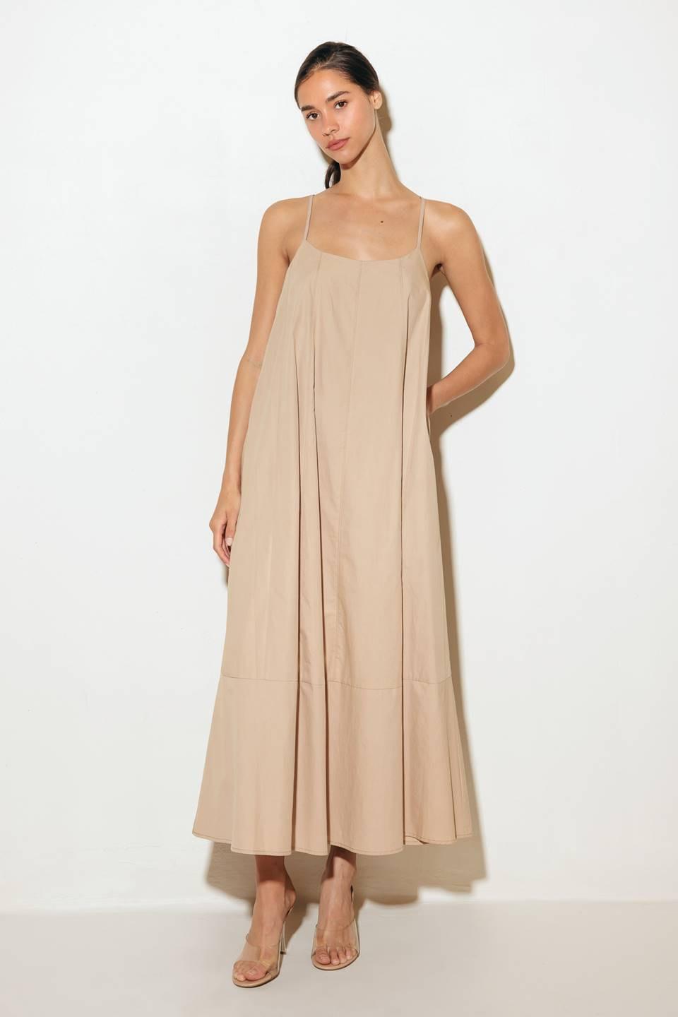 Daisy Lane Woven Midi Tent Dress in taupe, view 1 — Soul Flow Apparel