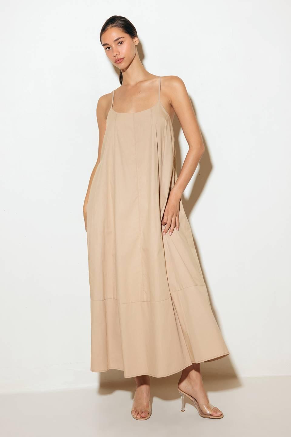 Daisy Lane Woven Midi Tent Dress in taupe, view 2 — Soul Flow Apparel