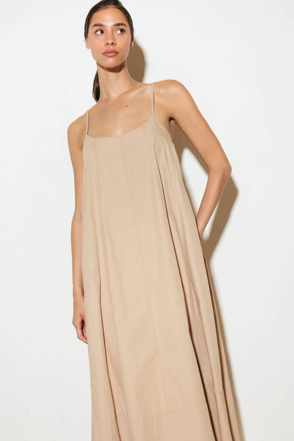 Daisy Lane Woven Midi Tent Dress in taupe, view 3 — Soul Flow Apparel