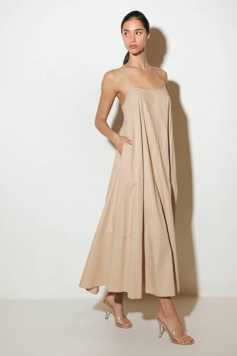 Daisy Lane Woven Midi Tent Dress in taupe, view 4 — Soul Flow Apparel