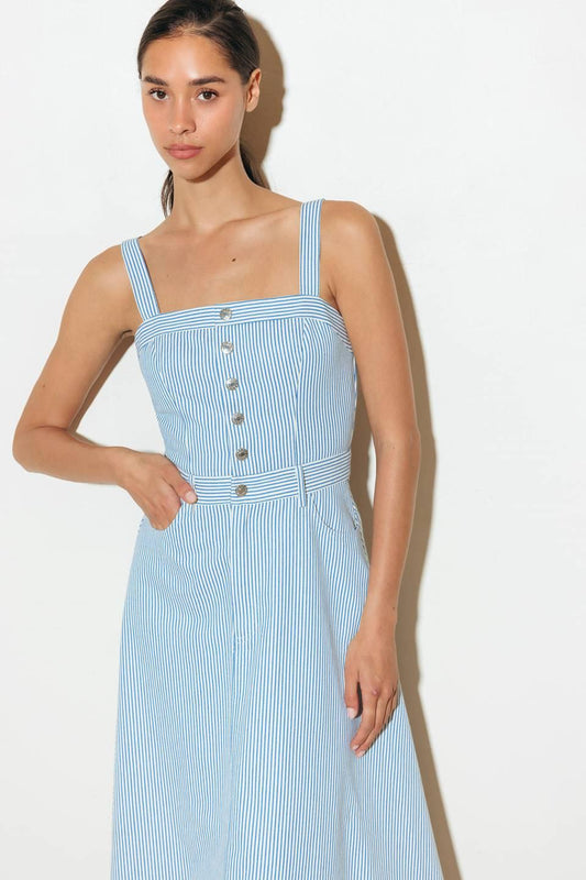 Carefree Daisy Woven Midi Dress in blue, view 2 — Soul Flow Apparel