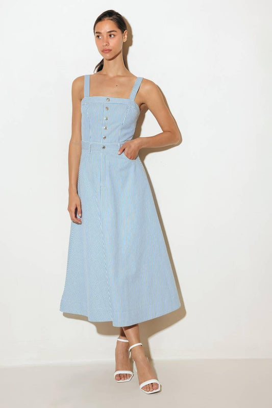 Carefree Daisy Woven Midi Dress in blue, view 3 — Soul Flow Apparel