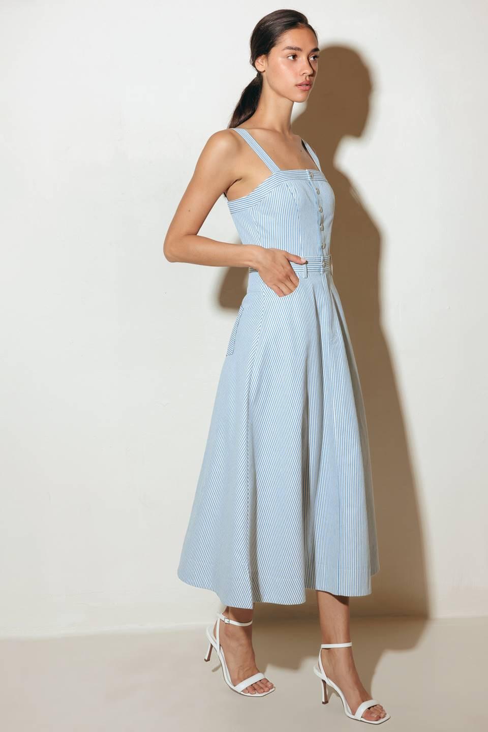 Carefree Daisy Woven Midi Dress in blue, view 4 — Soul Flow Apparel