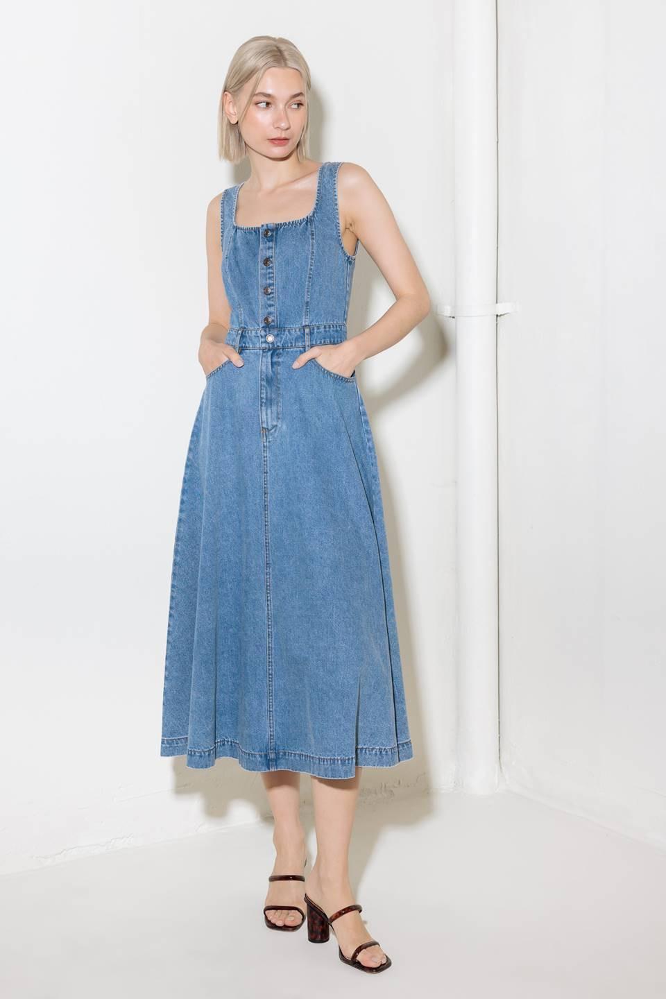 Softly Romantic Denim Midi Dress in medium indigo, view 1 — Soul Flow Apparel