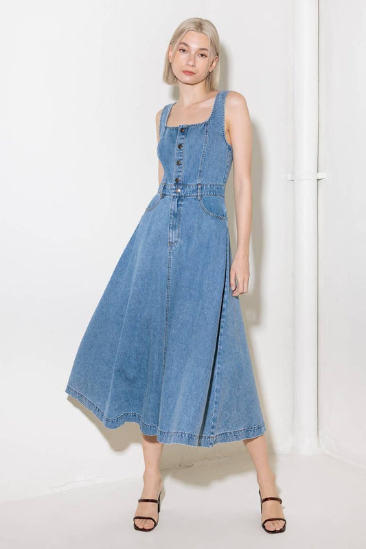 Softly Romantic Denim Midi Dress in medium indigo, view 2 — Soul Flow Apparel