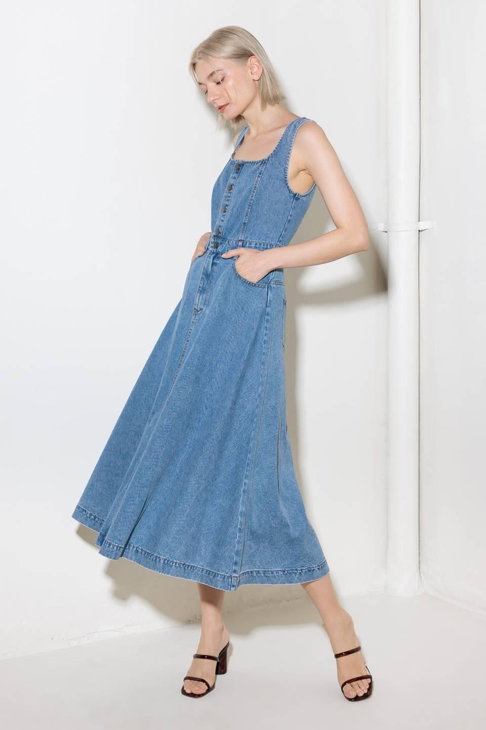 Softly Romantic Denim Midi Dress in medium indigo, view 3 — Soul Flow Apparel