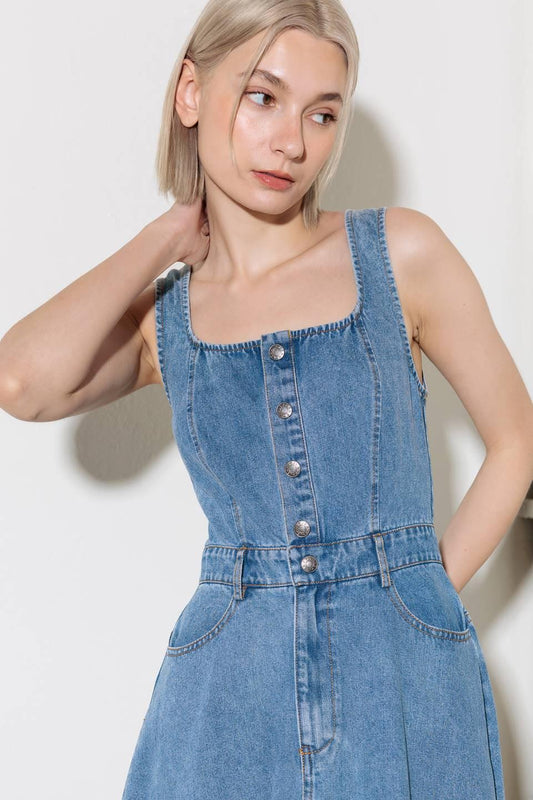 Softly Romantic Denim Midi Dress in medium indigo, view 4 — Soul Flow Apparel