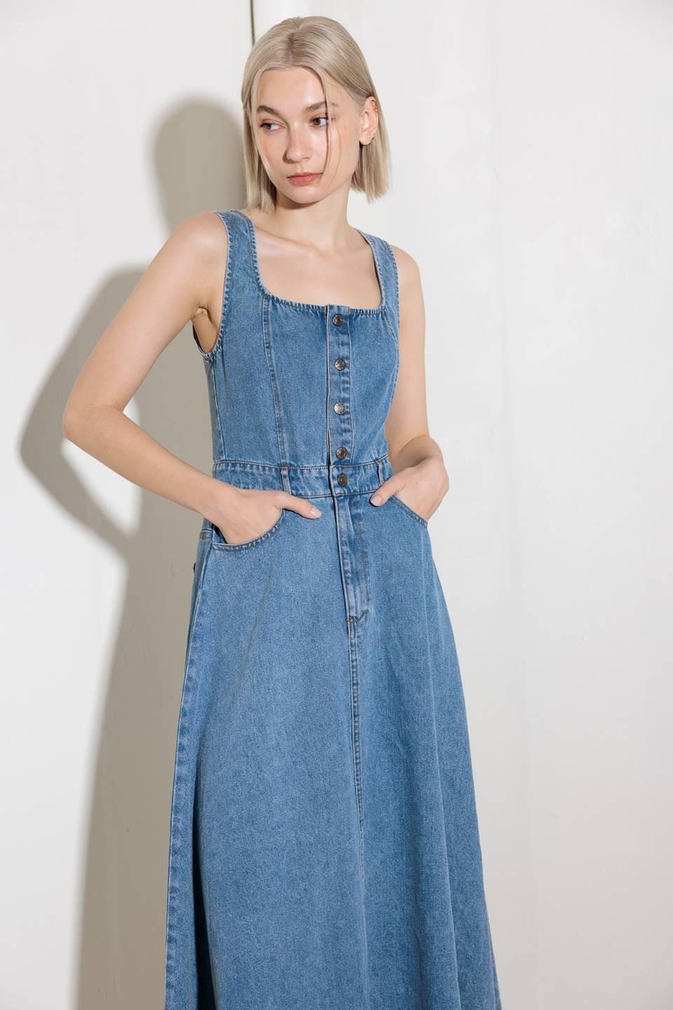 Softly Romantic Denim Midi Dress in medium indigo, view 6 — Soul Flow Apparel
