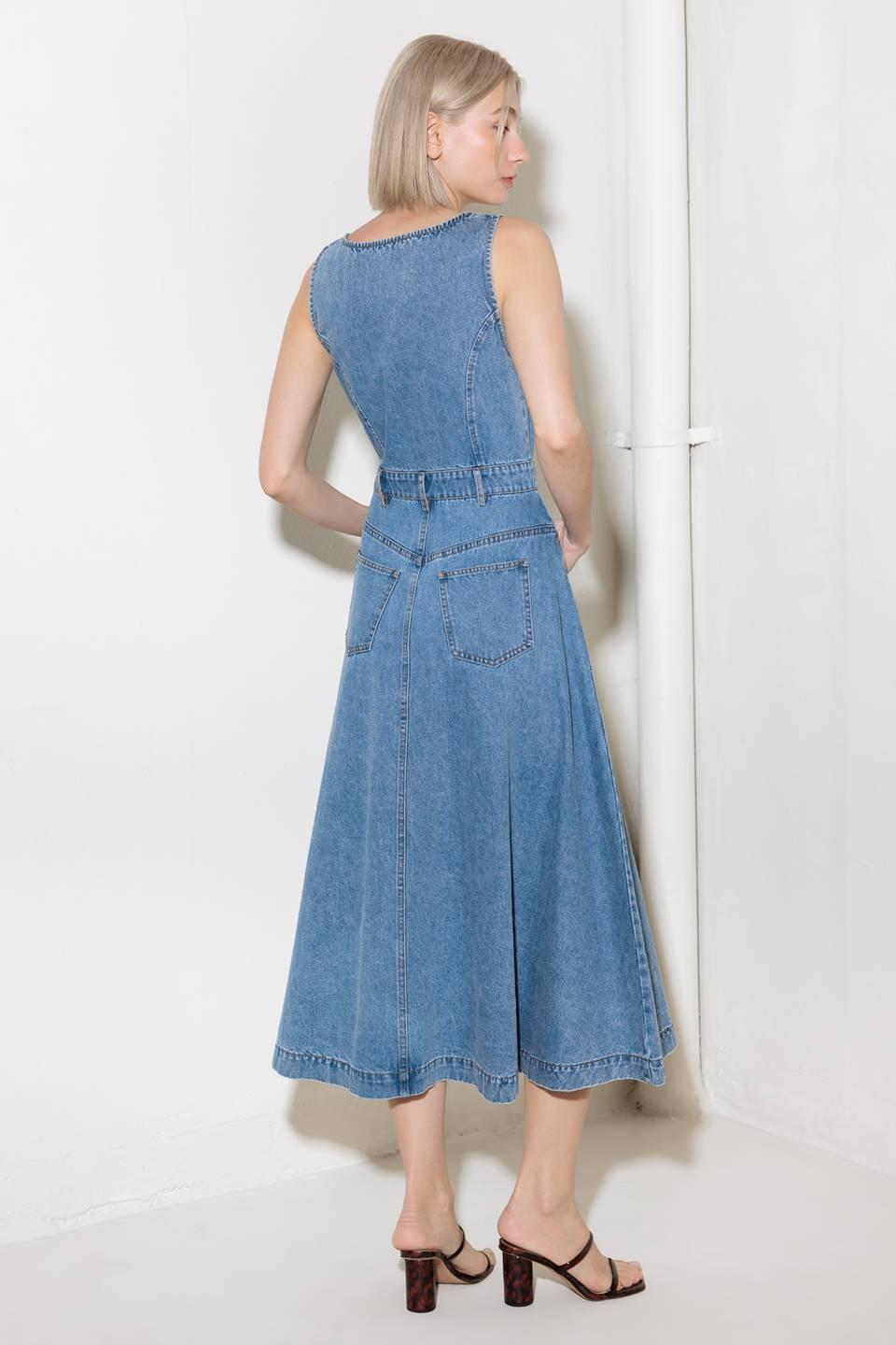 Softly Romantic Denim Midi Dress in medium indigo, view 7 — Soul Flow Apparel