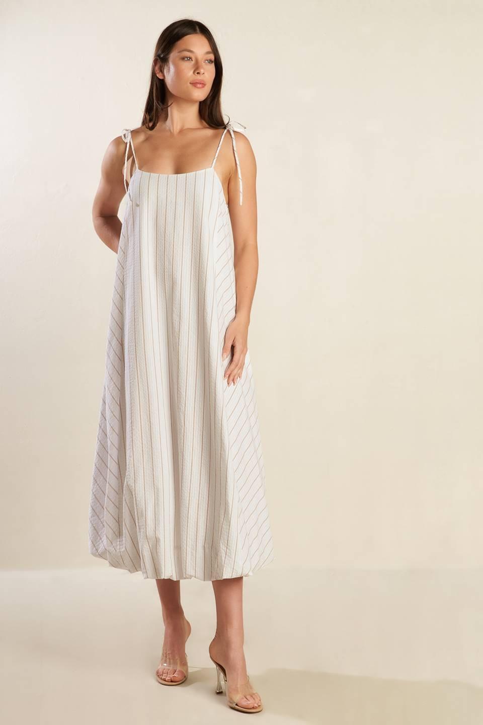 Just Wondering Woven Midi Dress in white taupe, view 1 — Soul Flow Apparel