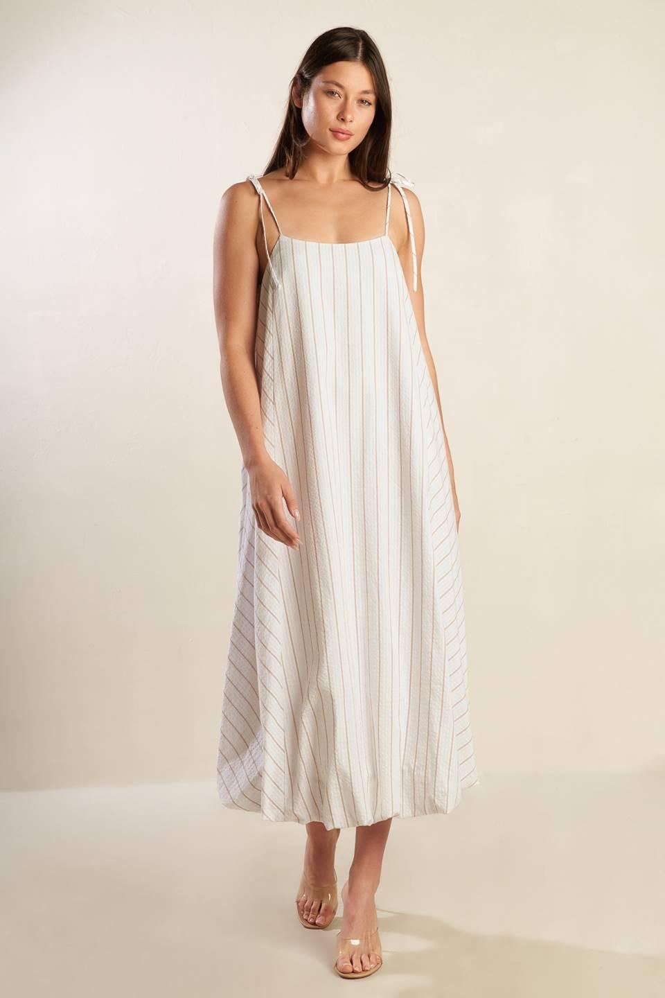 Just Wondering Woven Midi Dress in white taupe, view 2 — Soul Flow Apparel