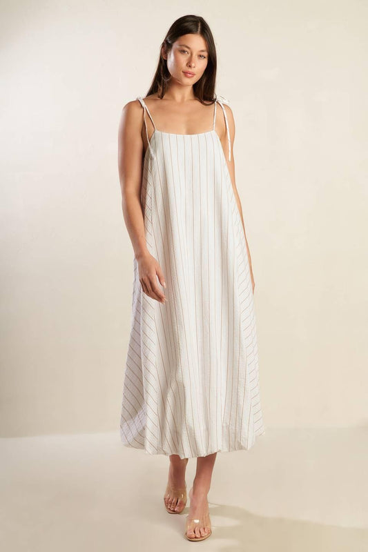 Just Wondering Woven Midi Dress in white taupe, view 2 — Soul Flow Apparel