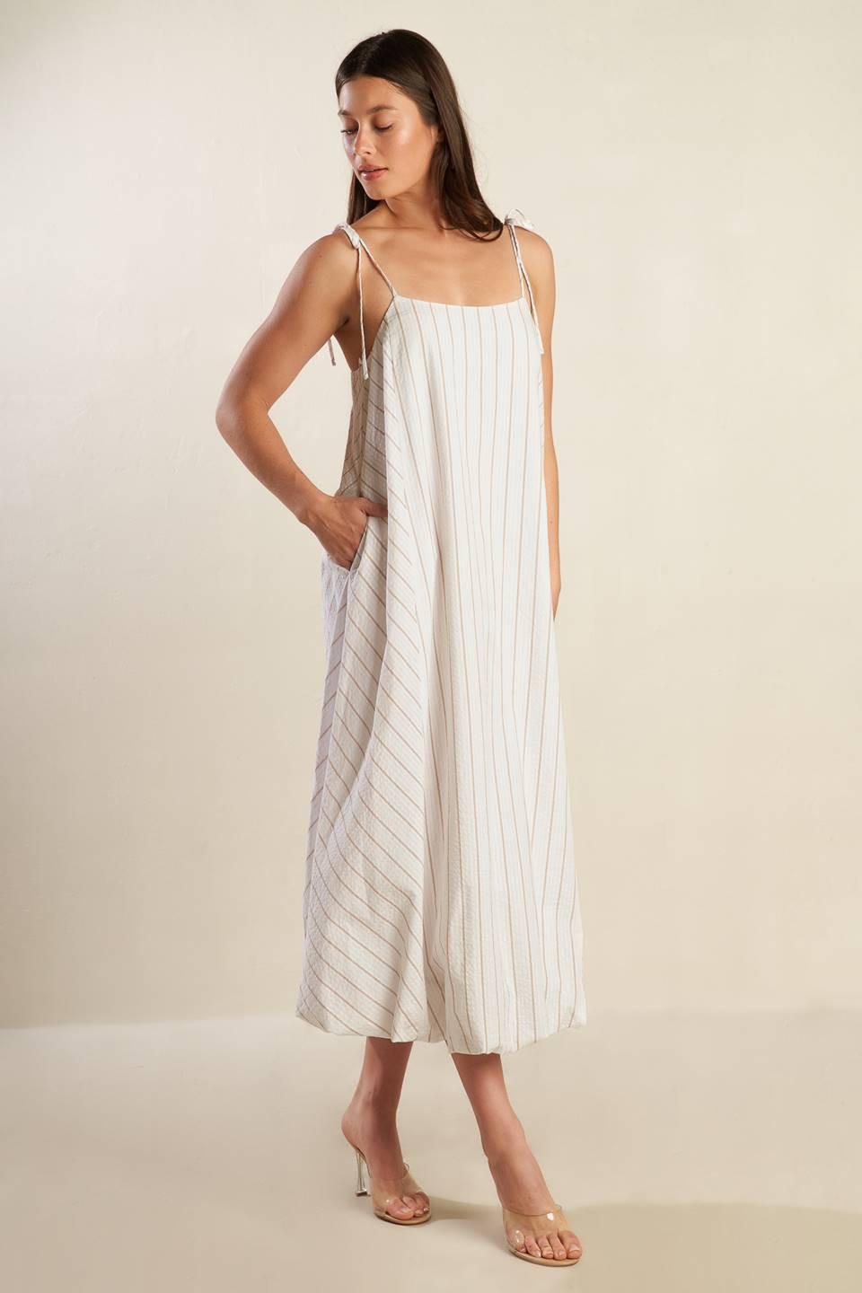 Just Wondering Woven Midi Dress in white taupe, view 3 — Soul Flow Apparel