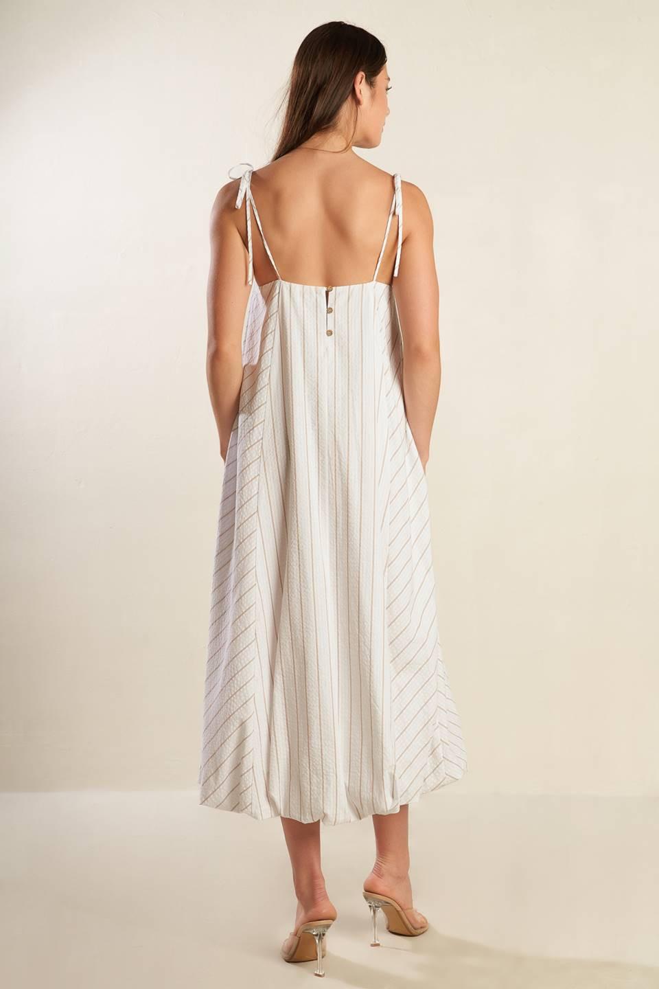Just Wondering Woven Midi Dress in white taupe, view 4 — Soul Flow Apparel