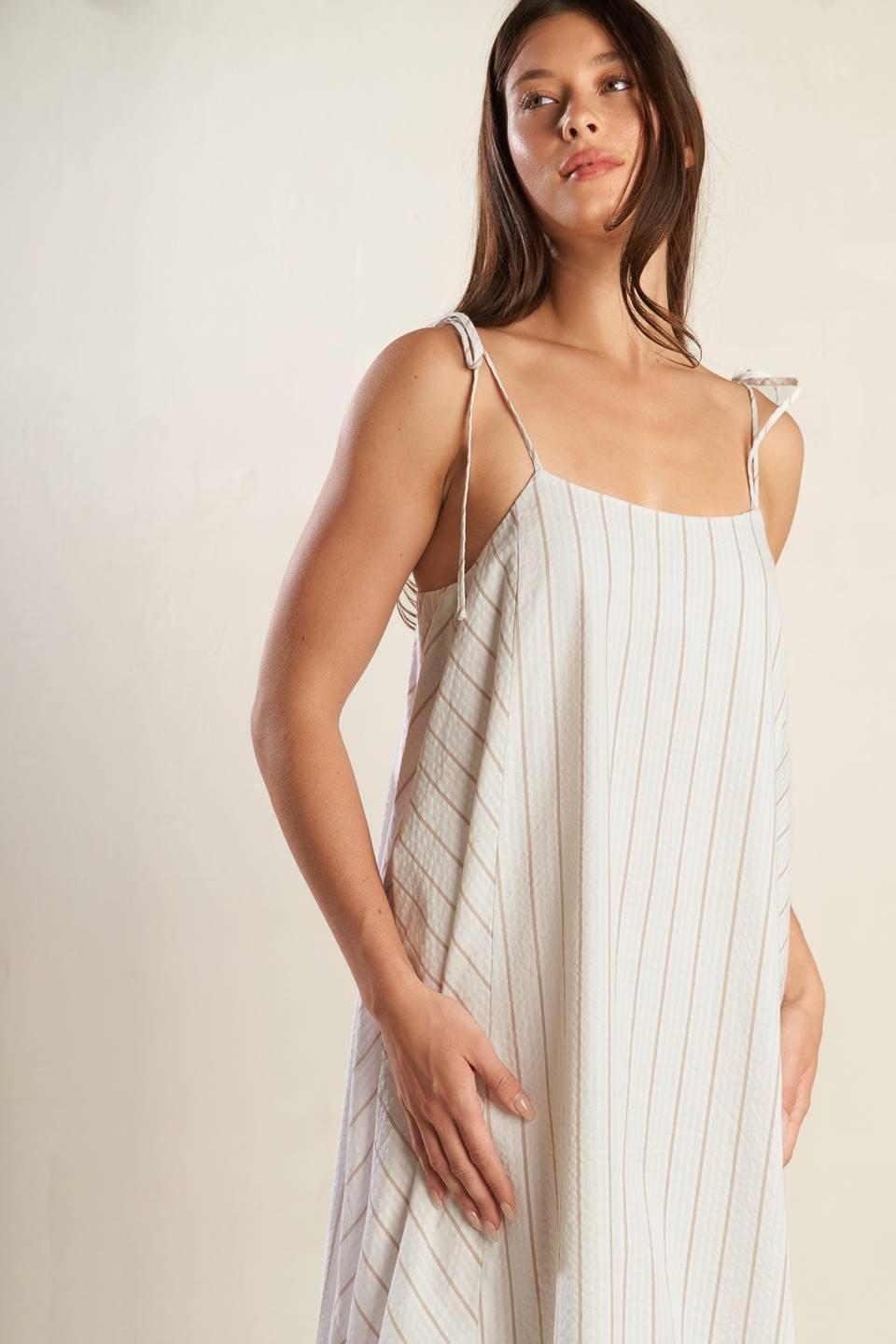 Just Wondering Woven Midi Dress in white taupe, view 7 — Soul Flow Apparel