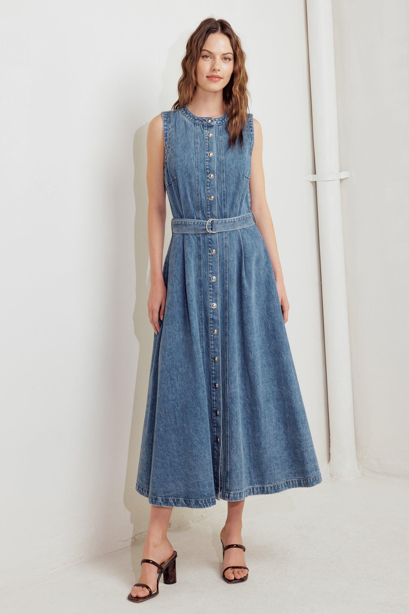 Midnight Rodeo Denim Midi Dress in indigo, view 1 — Soul Flow Apparel