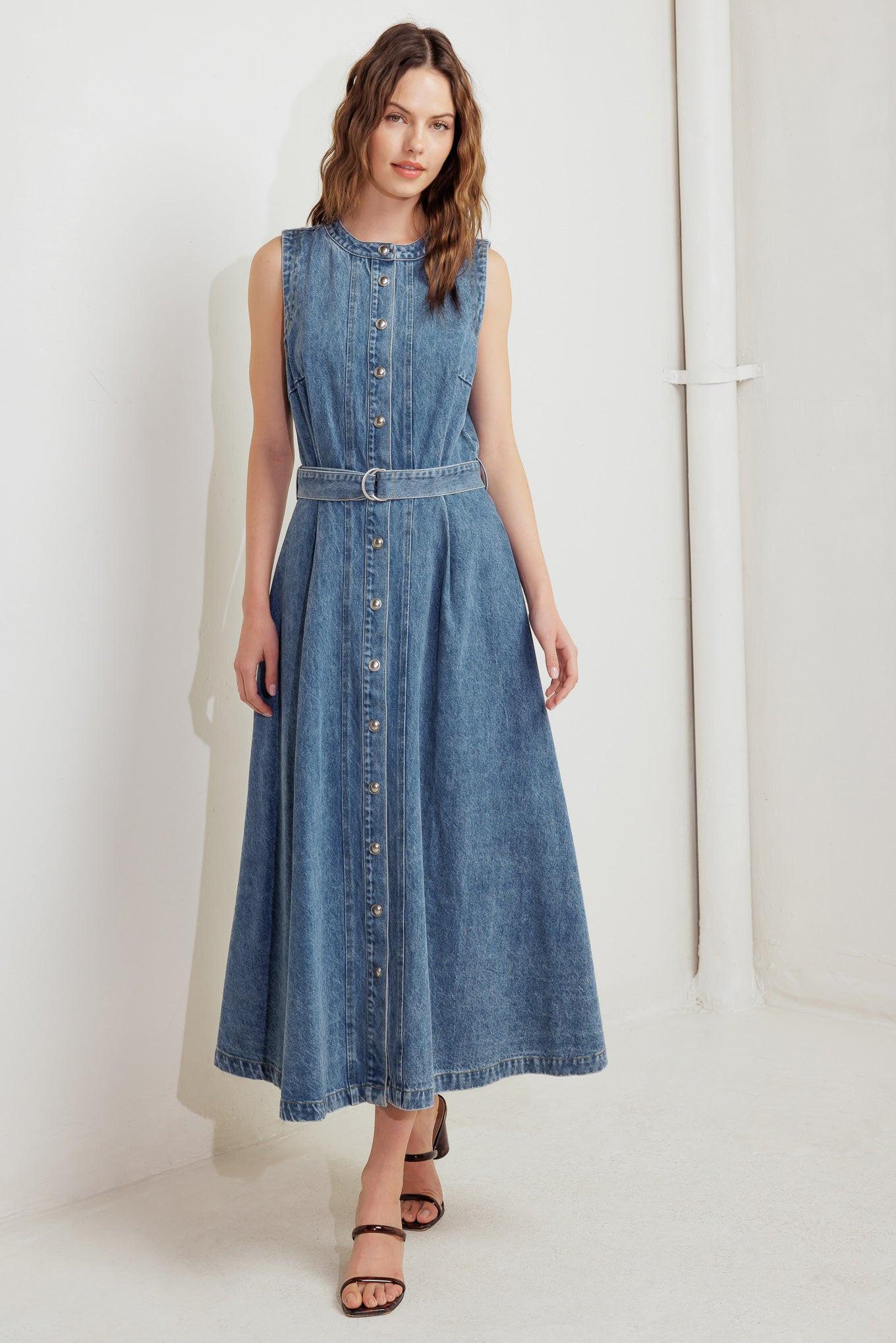 Midnight Rodeo Denim Midi Dress in indigo, view 2 — Soul Flow Apparel