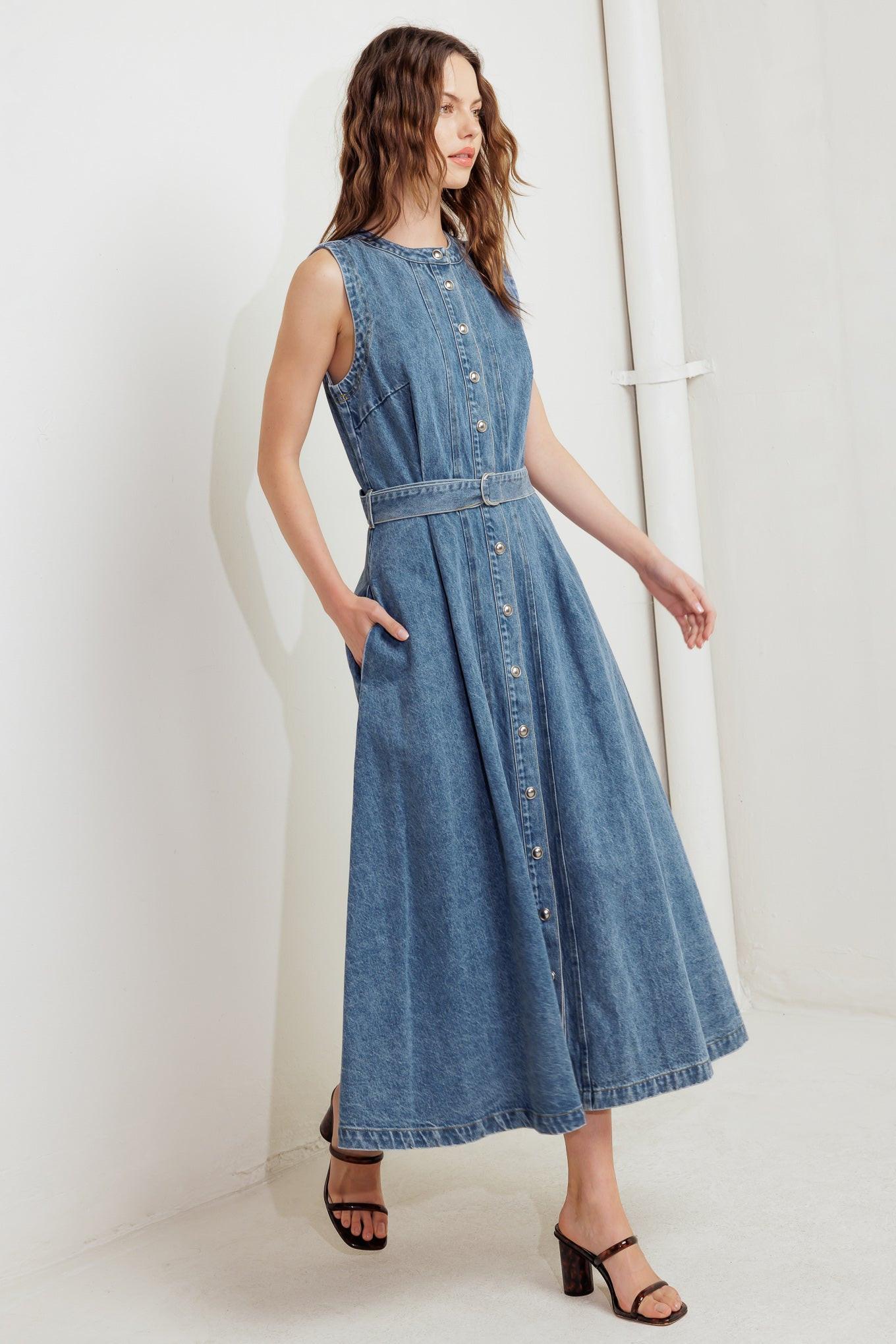 Midnight Rodeo Denim Midi Dress in indigo, view 3 — Soul Flow Apparel