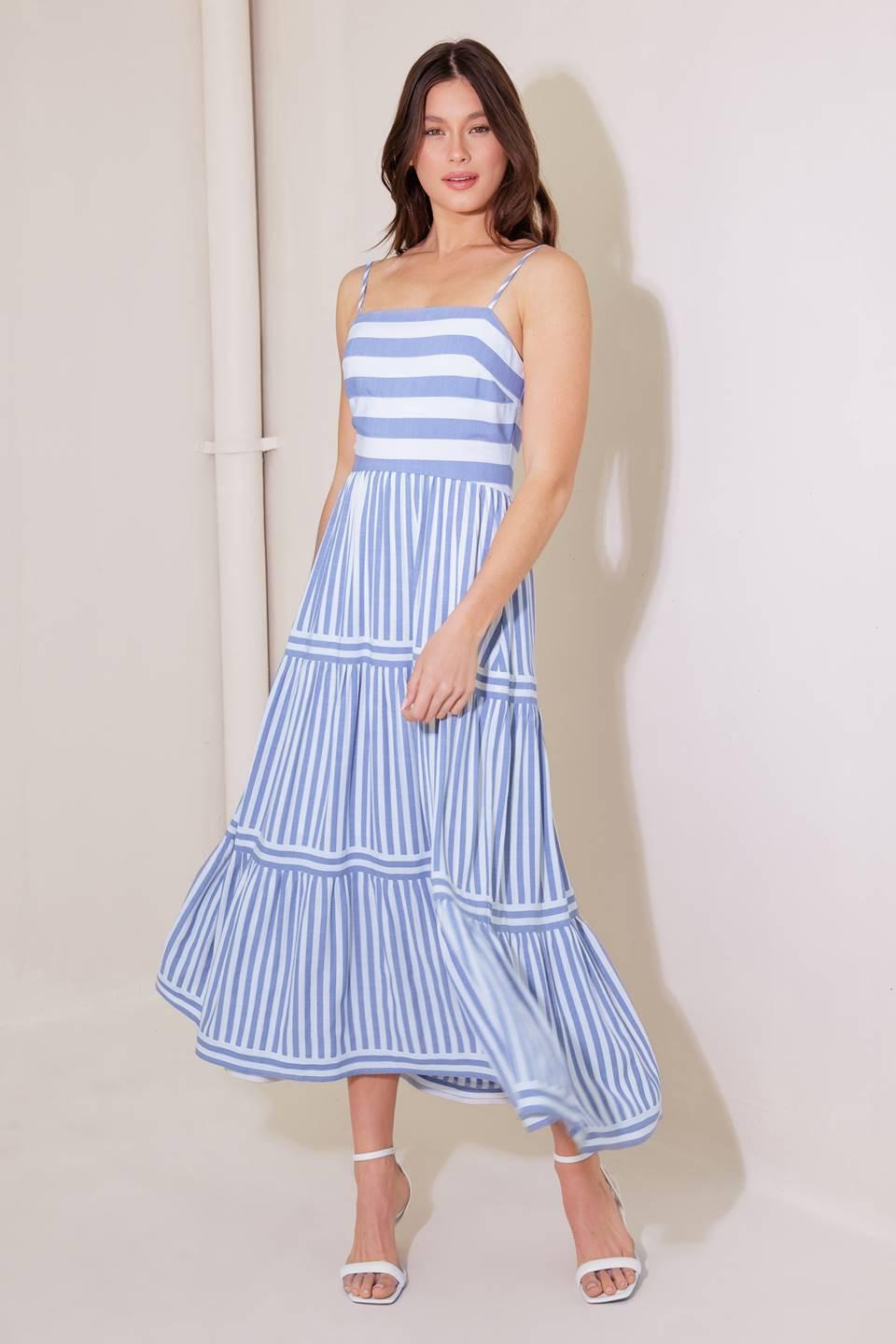 Anything Is Possible Woven Midi Dress in blue white, view 1 — Soul Flow Apparel