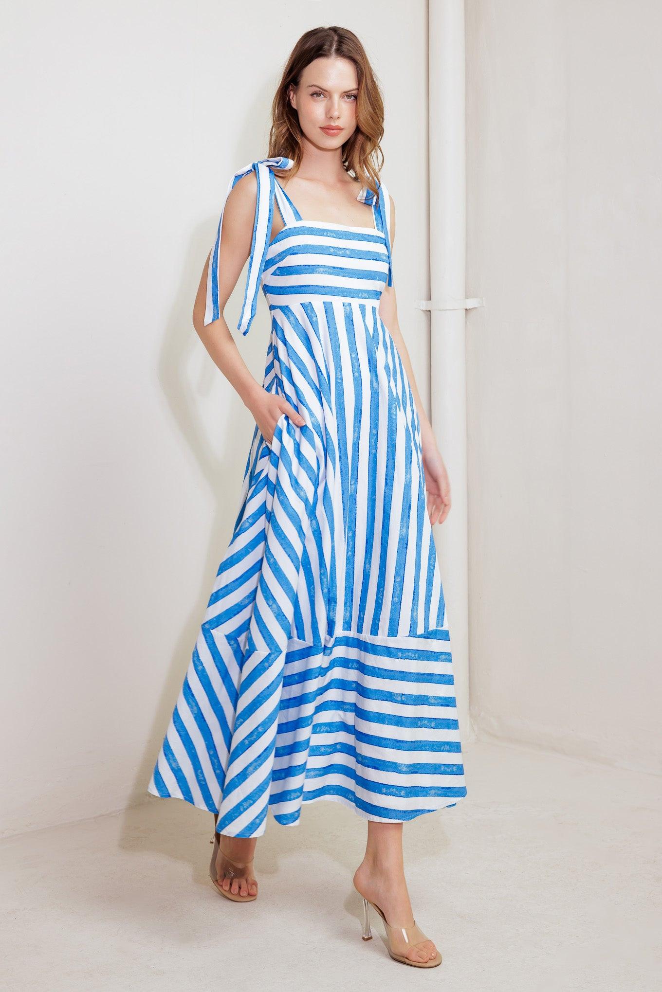Ocean Breeze Woven Midi Dress in blue white, view 1 — Soul Flow Apparel