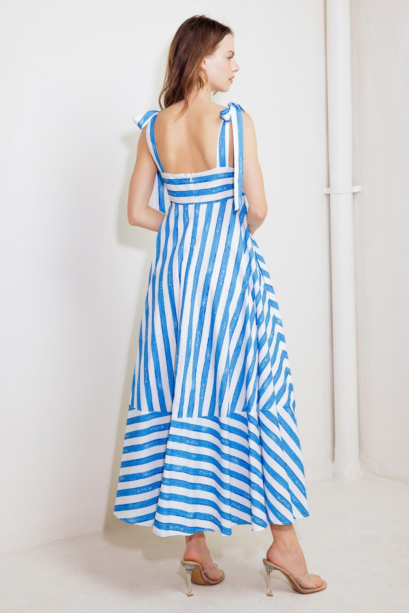 Ocean Breeze Woven Midi Dress in blue white, view 7 — Soul Flow Apparel