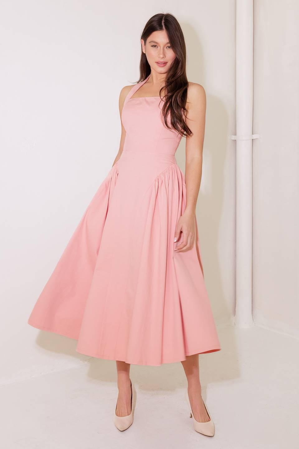 Caught in the Rain Pink Woven Midi Dress in soft, view 2 — Soul Flow Apparel