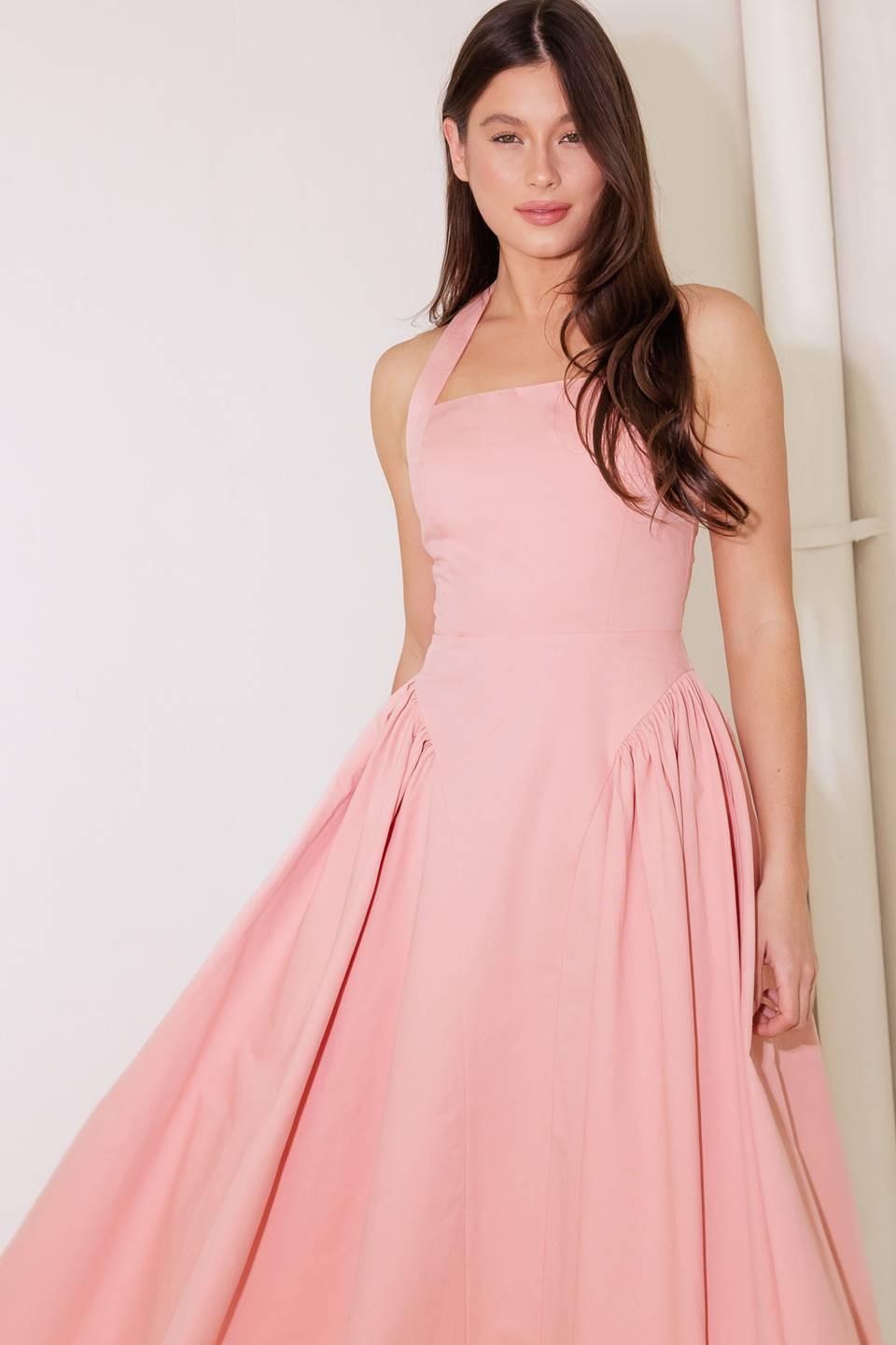 Caught in the Rain Pink Woven Midi Dress in soft, view 3 — Soul Flow Apparel