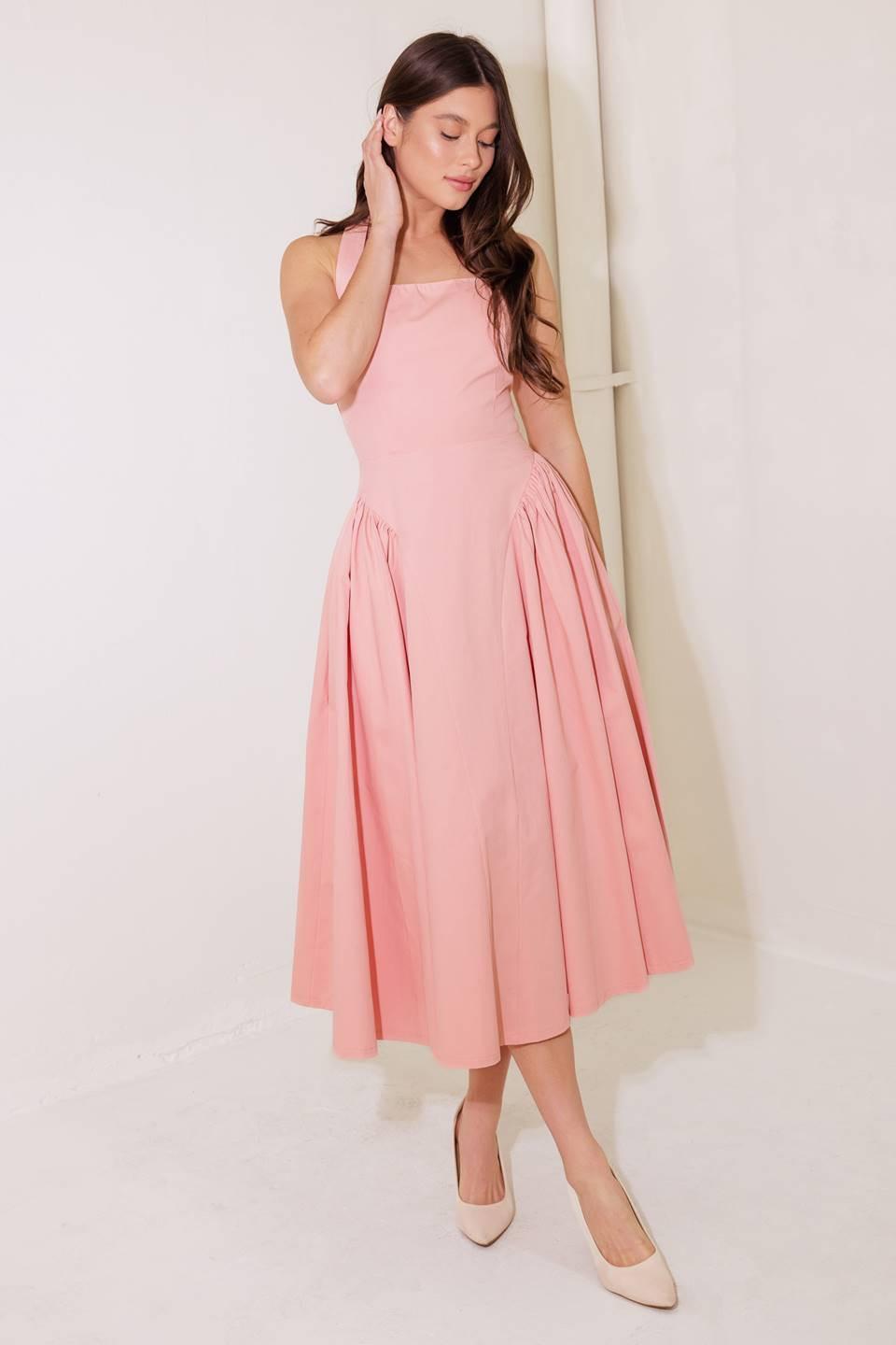 Caught in the Rain Pink Woven Midi Dress in soft, view 4 — Soul Flow Apparel