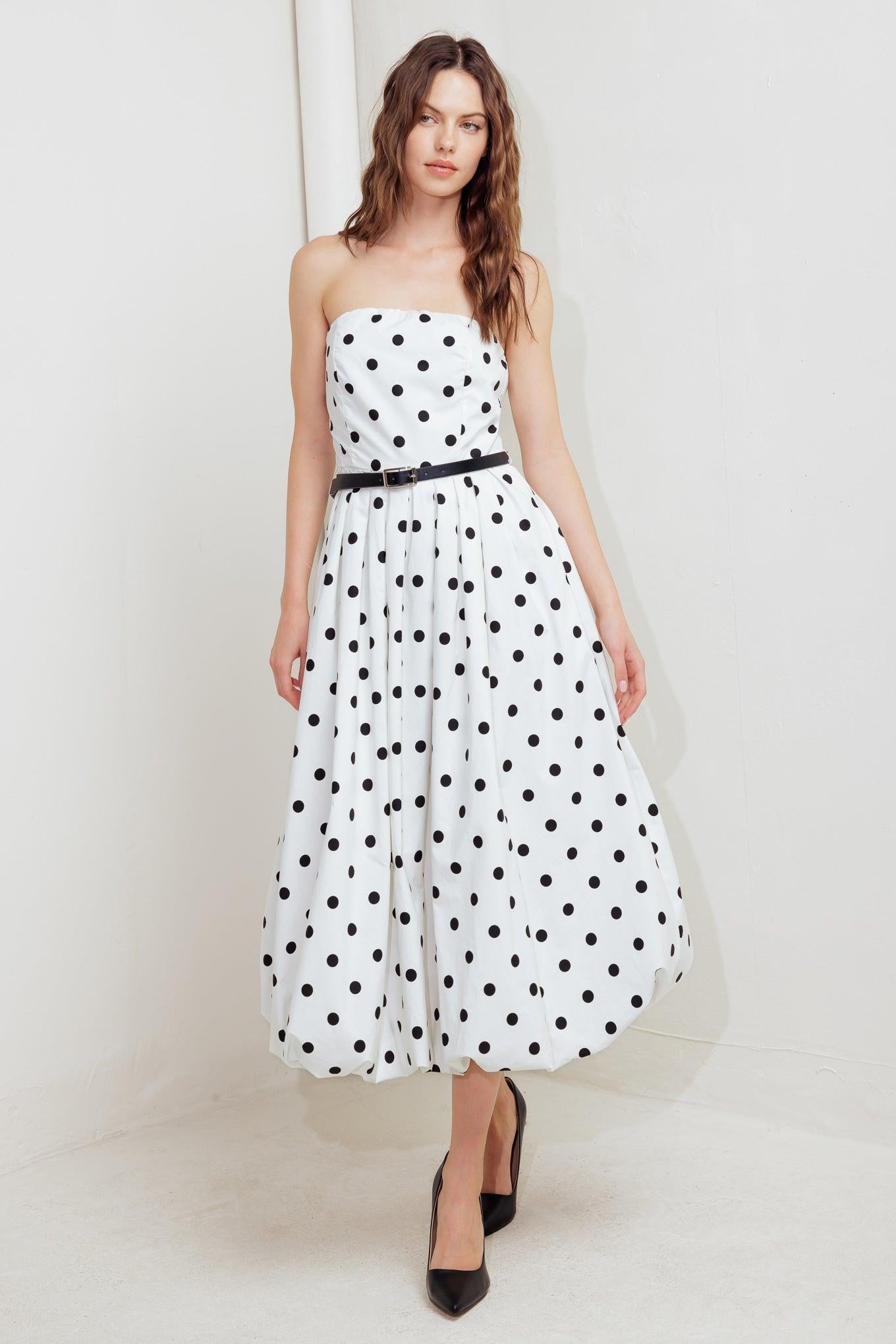 Monroe Dot White Woven Midi Dress, view 1 — Soul Flow Apparel