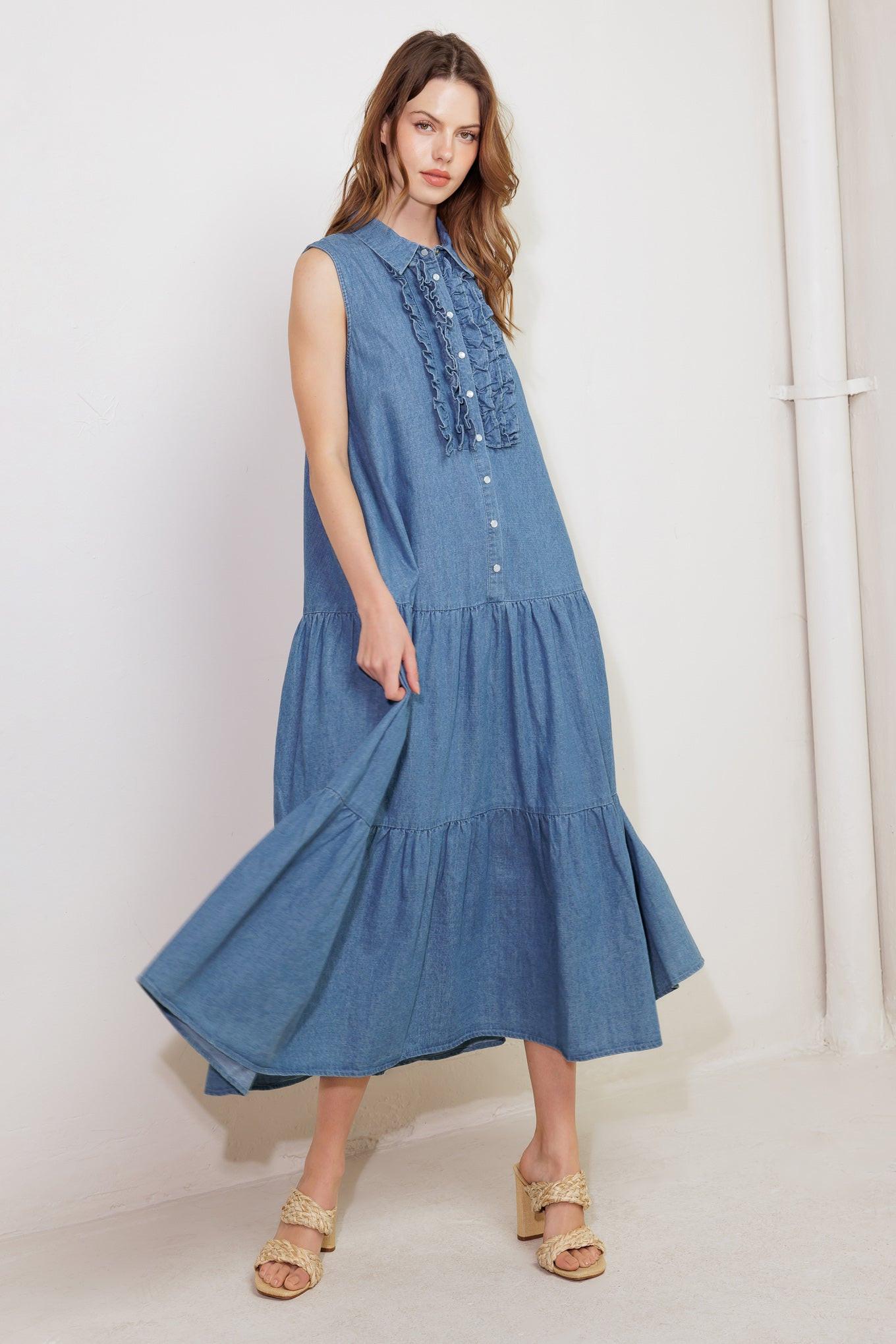 Petals Falling Slowly Denim Midi Dress in blue, view 1 — Soul Flow Apparel
