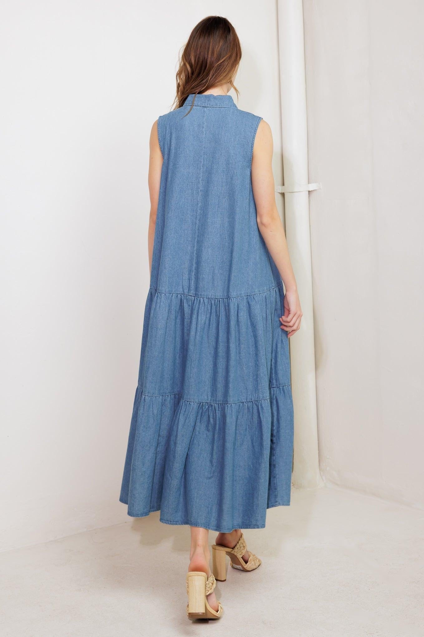 Petals Falling Slowly Denim Midi Dress in blue, view 2 — Soul Flow Apparel
