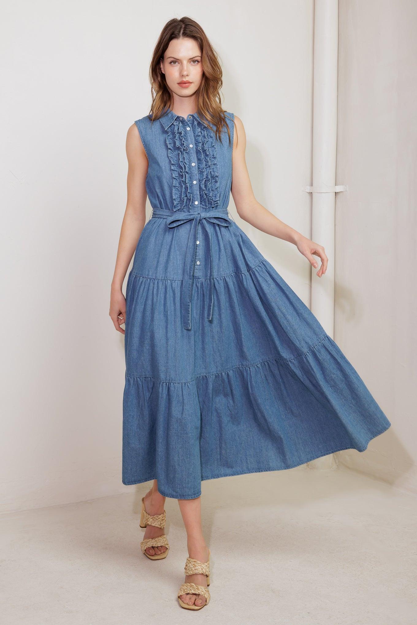 Petals Falling Slowly Denim Midi Dress in blue, view 3 — Soul Flow Apparel