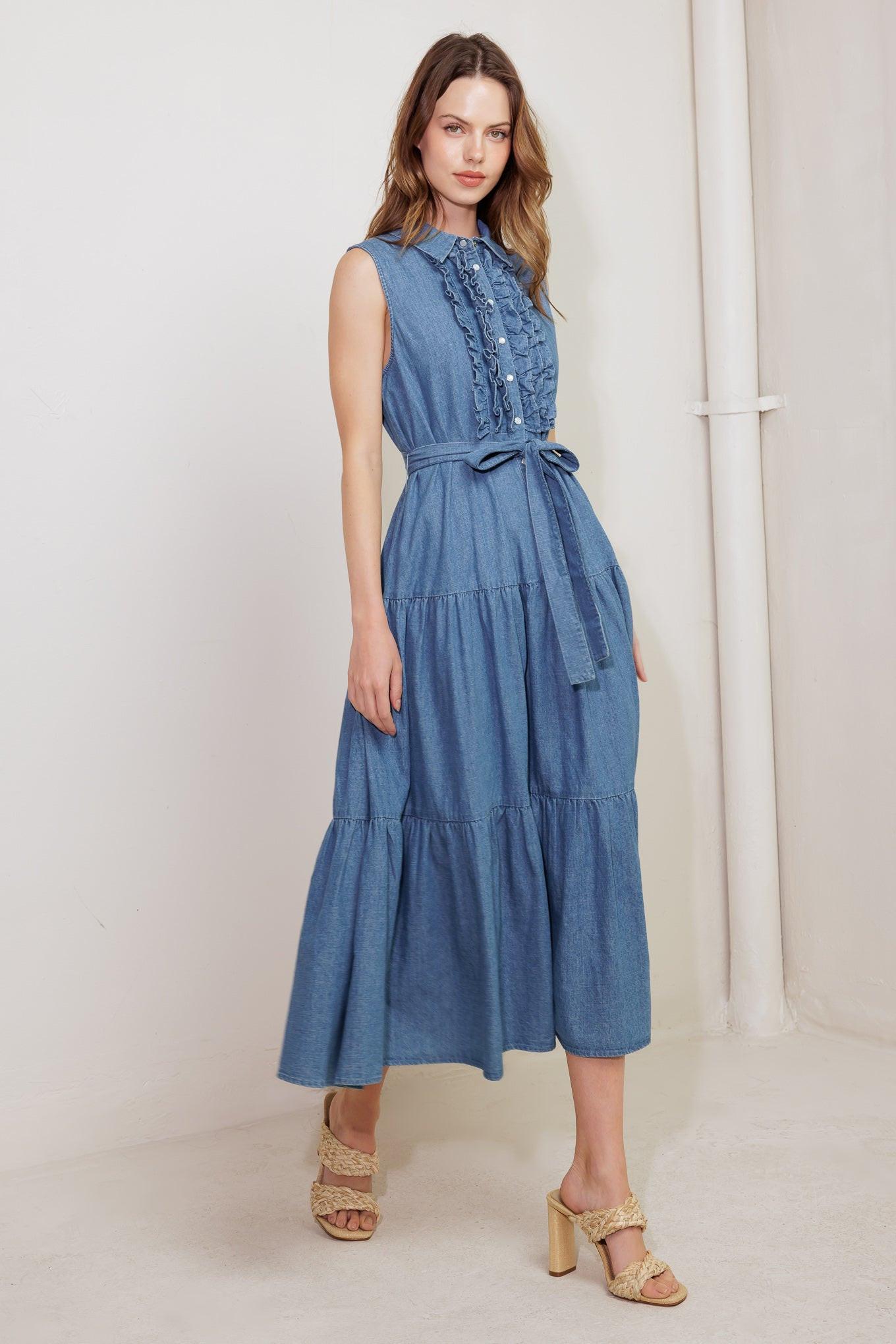 Petals Falling Slowly Denim Midi Dress in blue, view 4 — Soul Flow Apparel