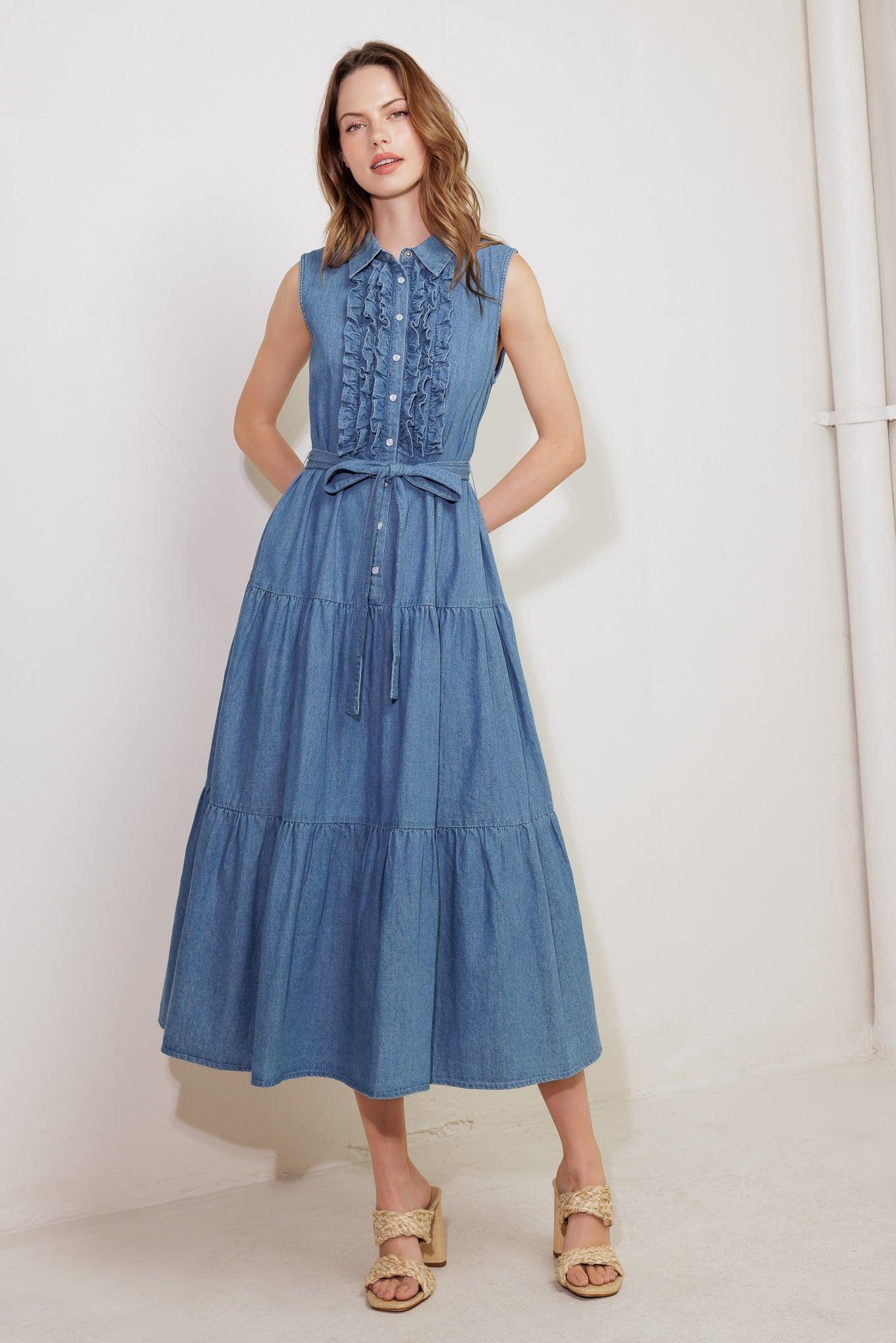 Petals Falling Slowly Denim Midi Dress in blue, view 5 — Soul Flow Apparel