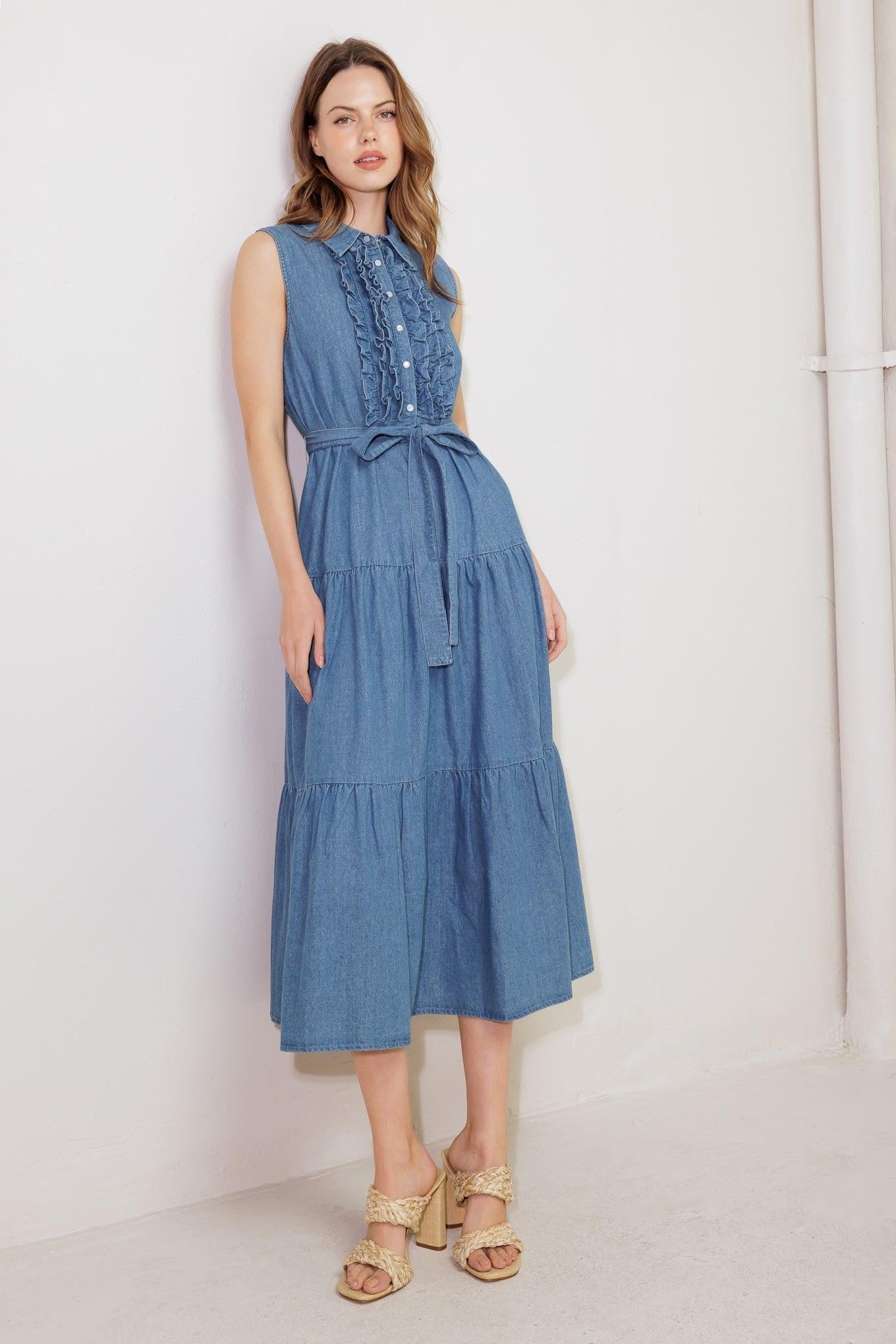 Petals Falling Slowly Denim Midi Dress in blue, view 6 — Soul Flow Apparel
