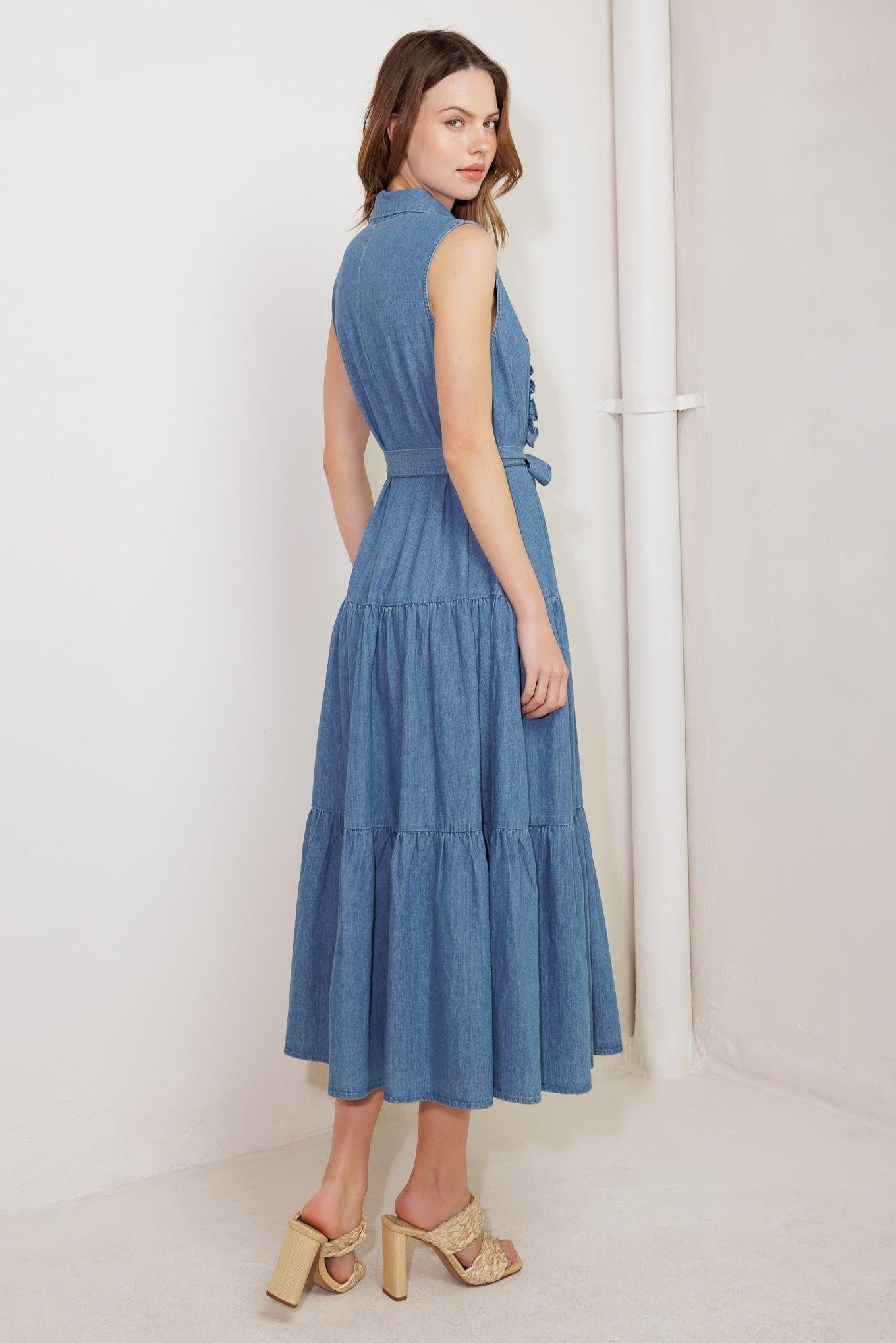 Petals Falling Slowly Denim Midi Dress in blue, view 8 — Soul Flow Apparel