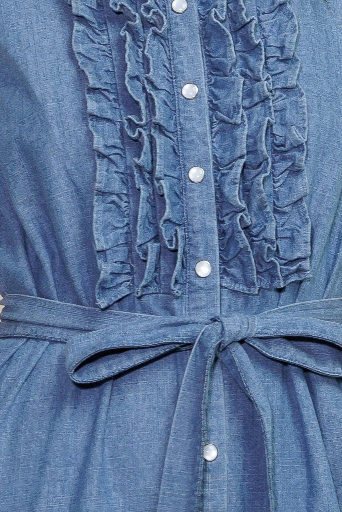Petals Falling Slowly Denim Midi Dress in blue, fabric swatch — Soul Flow Apparel