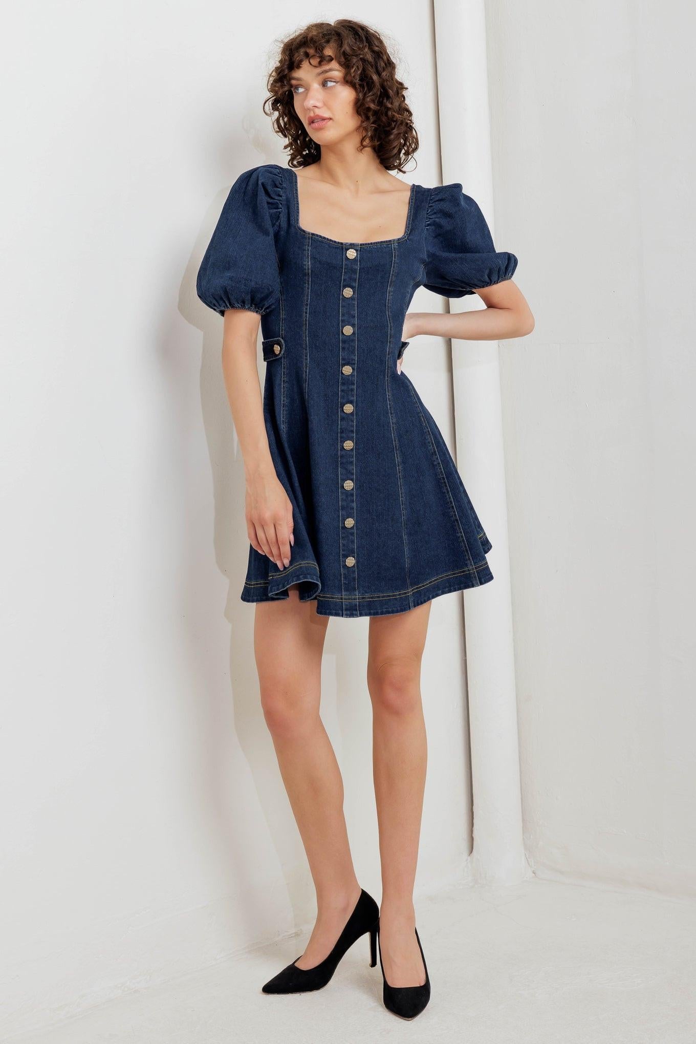 Puff & Play Denim Mini Dress in indigo, view 1 — Soul Flow Apparel